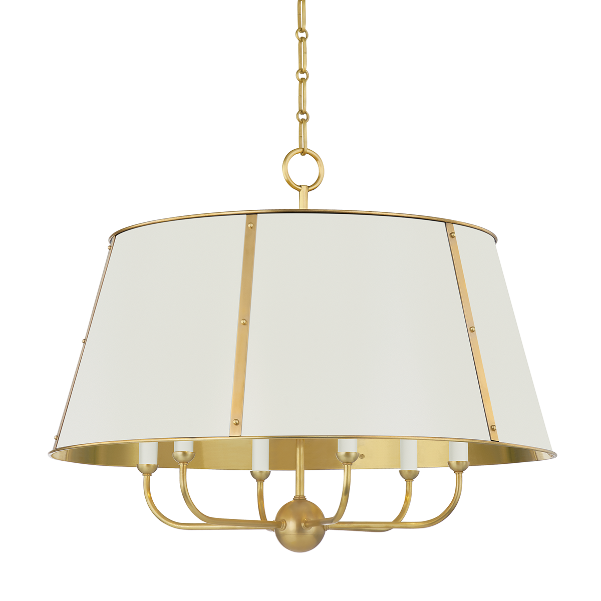 Cambridge Chandelier 28.5" in aged brass shown from the front to reveal the frame, arms, and shade detail.