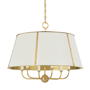 Cambridge Chandelier 28.5" in aged brass shown from the front to reveal the frame, arms, and shade detail.