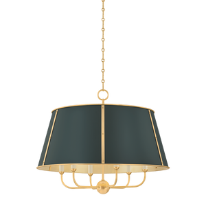 Close-up of the Cambridge Chandelier 28.5" in aged brass showing the frame, arms, and shade detail.