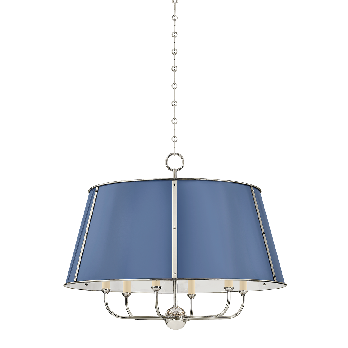 Close-up of the Cambridge Chandelier 28.5" in polished nickel showing the frame, arms, and shade detail.