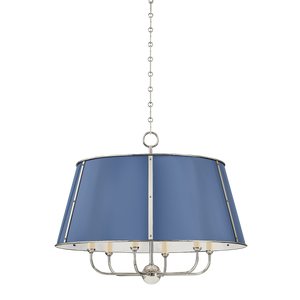 Close-up of the Cambridge Chandelier 28.5" in polished nickel showing the frame, arms, and shade detail.