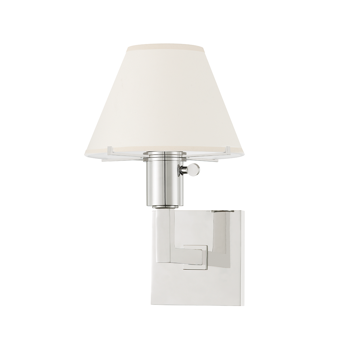 Leeds Wall Sconce in polished nickel shown from the front to reveal the arm curve and shade silhouette.