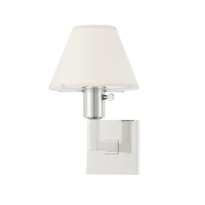 Leeds Wall Sconce in polished nickel shown from the front to reveal the arm curve and shade silhouette.