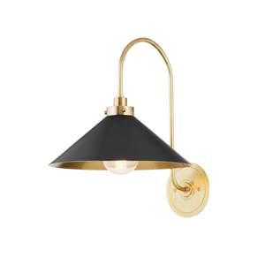 Clivedon Wall Sconce in aged brass shown from a second angle to highlight the arm curve and shade silhouette.