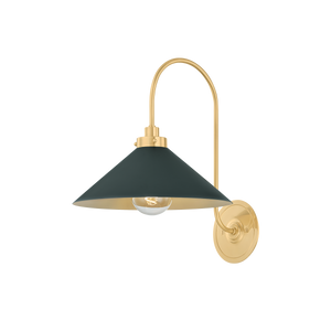 Close-up of the Clivedon Wall Sconce in aged brass showing the arm curve and shade silhouette.