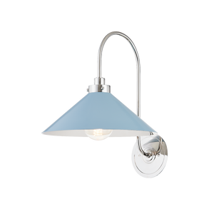 Close-up of the Clivedon Wall Sconce in polished nickel showing the arm curve and shade silhouette.