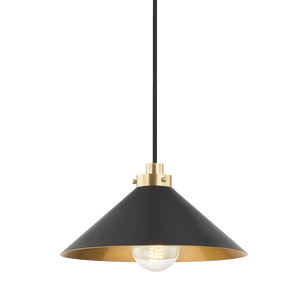 Clivedon Pendant 12" in aged brass shown from a second angle to highlight the shade shape and metal detail.