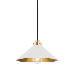 Clivedon Pendant 12" in aged brass shown from the front to reveal the shade shape and metal detail.