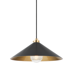 Clivedon Pendant 20" in aged brass shown from a second angle to highlight the shade shape and metal detail.