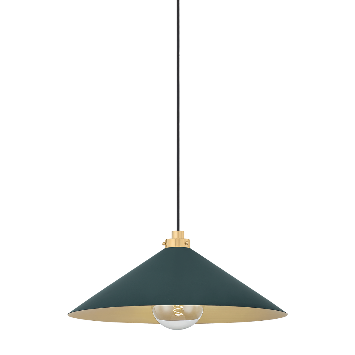 Close-up of the Clivedon Pendant 20" in aged brass showing the shade shape and metal detail.