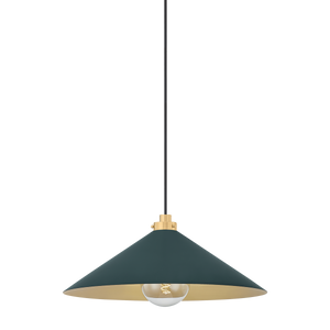 Close-up of the Clivedon Pendant 20" in aged brass showing the shade shape and metal detail.