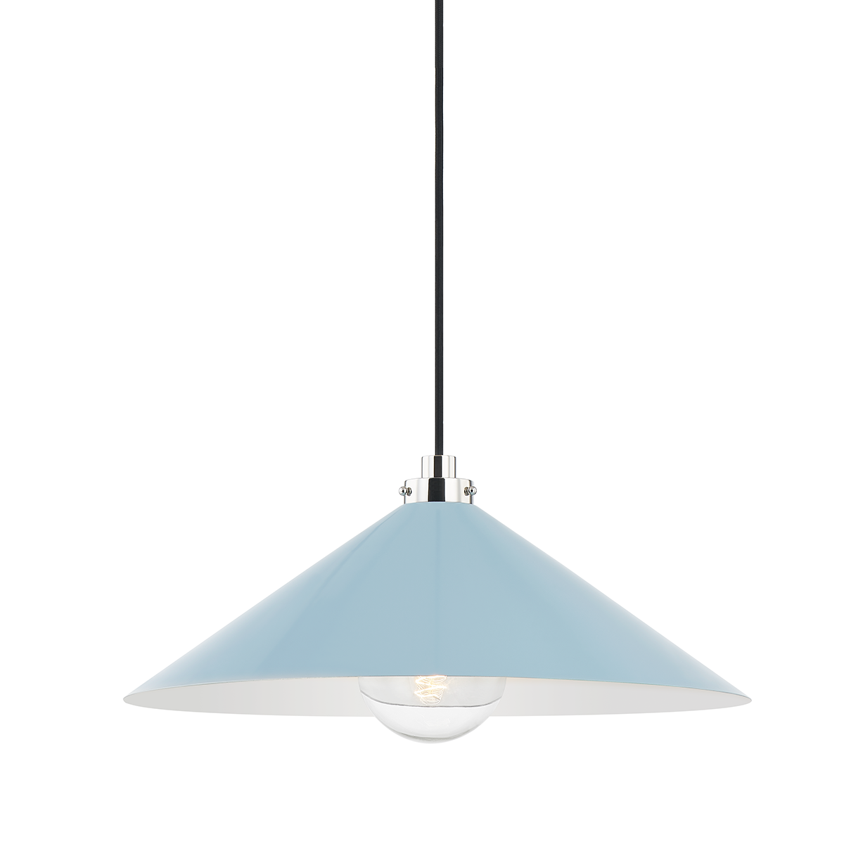 Close-up of the Clivedon Pendant 20" in polished nickel showing the shade shape and metal detail.