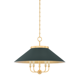 Close-up of the Clivedon Chandelier in aged brass showing the frame, arms, and shade detail.
