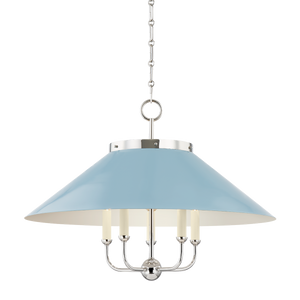 Close-up of the Clivedon Chandelier in polished nickel showing the frame, arms, and shade detail.