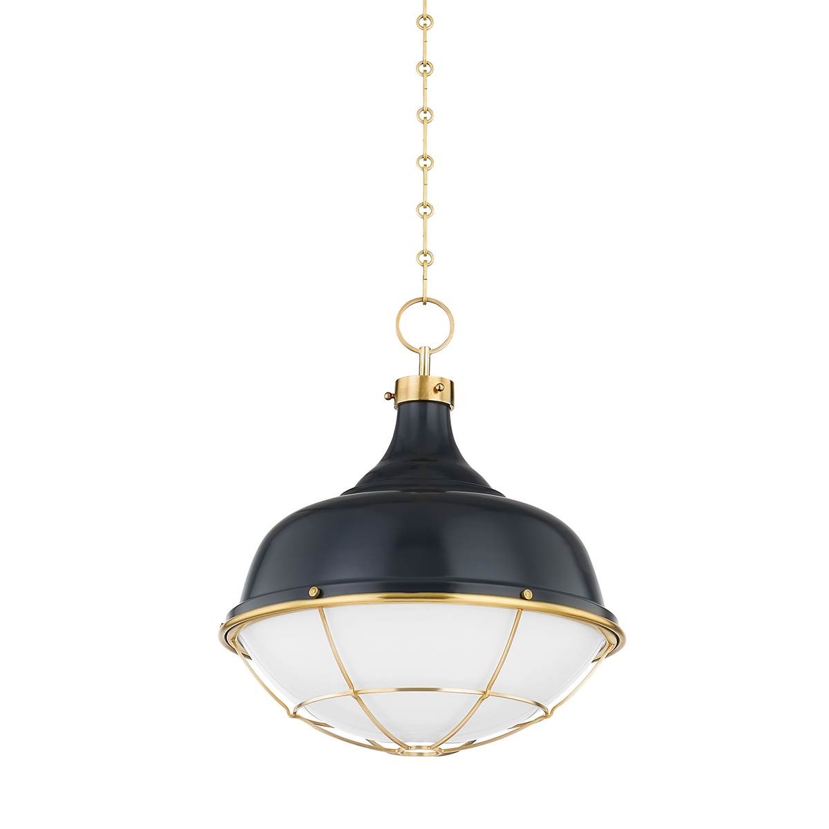 Holkham Pendant in aged brass shown from a second angle to highlight the shade shape and metal detail.