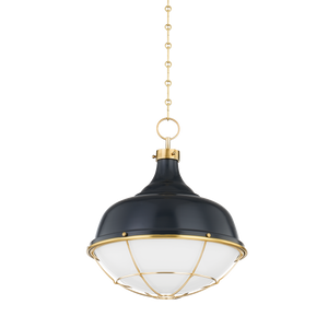 Holkham Pendant in aged brass shown from a second angle to highlight the shade shape and metal detail.