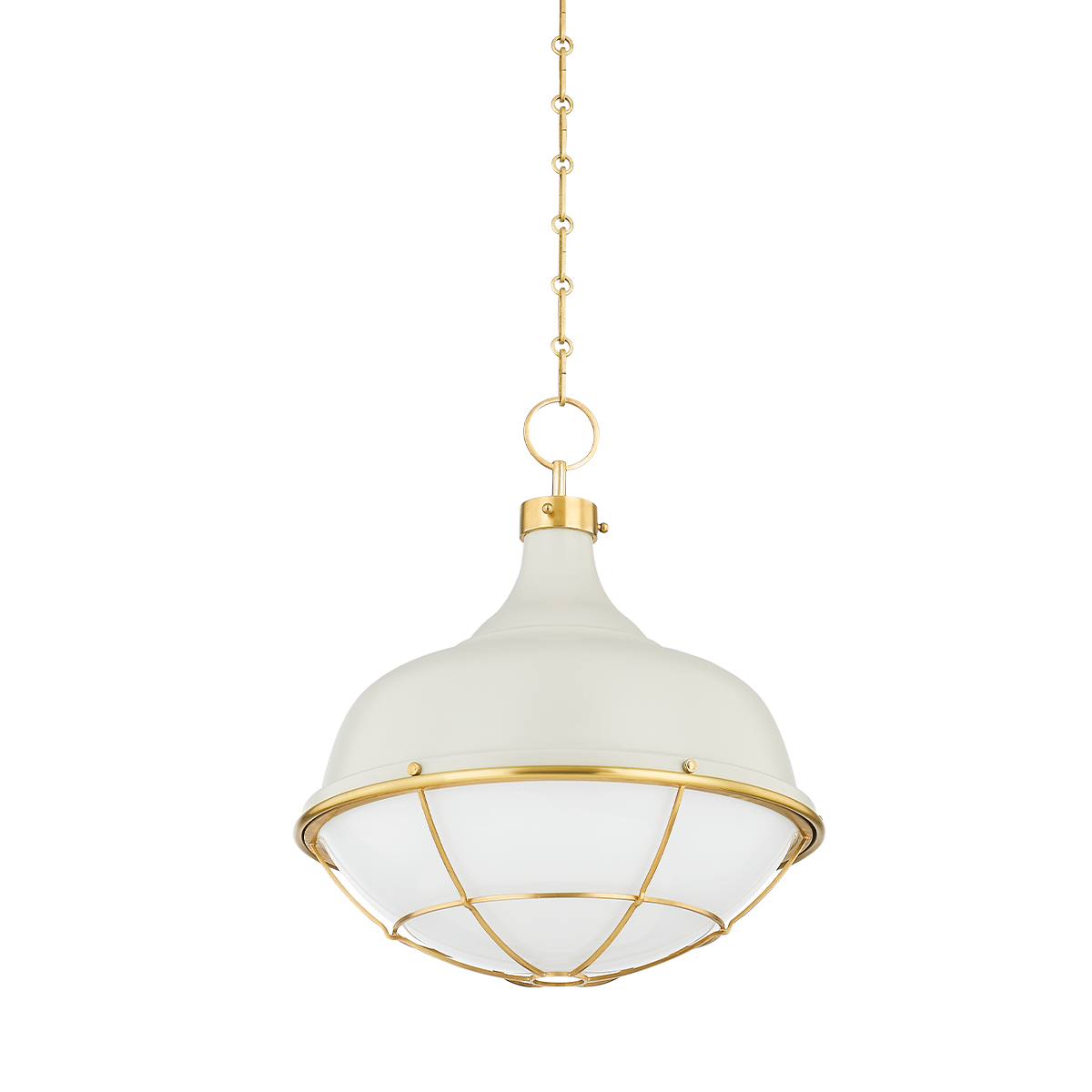 Holkham Pendant in aged brass shown from the front to reveal the shade shape and metal detail.