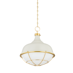 Holkham Pendant in aged brass shown from the front to reveal the shade shape and metal detail.