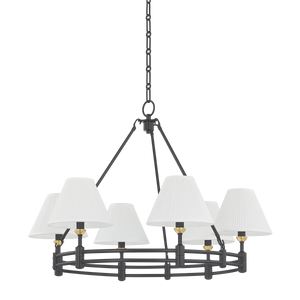 Howard Chandelier 32.75" x 23" in aged brass shown from a second angle to highlight the frame, arms, and shade detail.