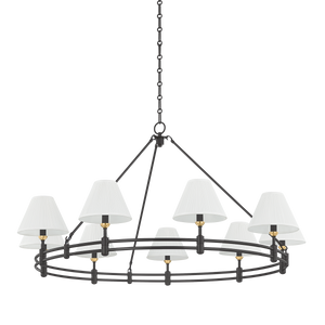 Howard Chandelier 50" x 26" in aged brass shown from a second angle to highlight the frame, arms, and shade detail.
