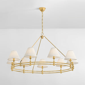Close-up of the Howard Chandelier 50" x 26" in aged brass showing the frame, arms, and shade detail.
