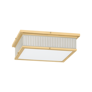 Ashdown Flush Mount 14" x 4" in aged brass shown from a second angle to highlight the shade profile and mounting canopy.