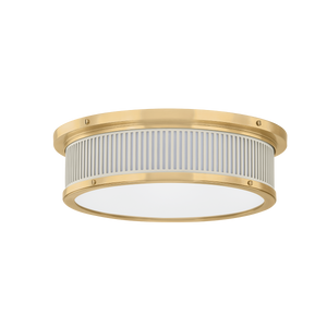 Ashdown Flush Mount 14" x 4" in aged brass shown from a second angle to highlight the shade profile and mounting canopy.