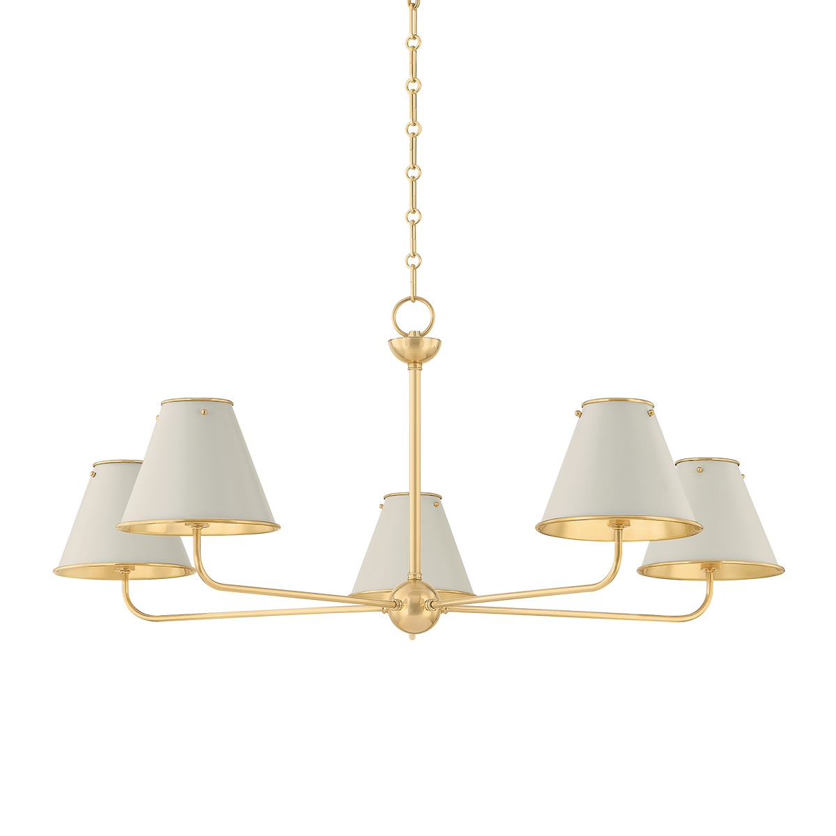 Burghley Chandelier in aged brass shown from a second angle to highlight the frame, arms, and shade detail.
