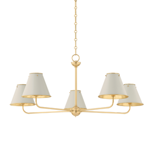 Burghley Chandelier in aged brass shown from a second angle to highlight the frame, arms, and shade detail.
