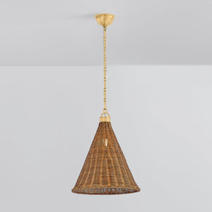 Kensington Pendant 14.75" in aged brass shown from the front to reveal the shade shape and metal detail.