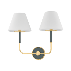 Wedgewood Wall Sconce 19" in aged brass shown from a second angle to highlight the arm curve and shade silhouette.