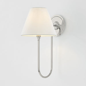 Close-up of the Hawthorne Wall Sconce in polished nickel showing the arm curve and shade silhouette.