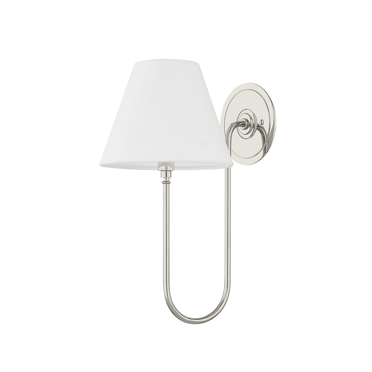 Hawthorne Wall Sconce in polished nickel shown from the front to reveal the arm curve and shade silhouette.