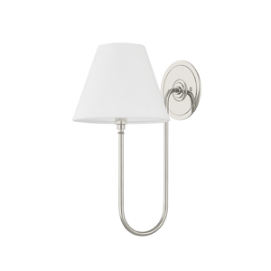 Hawthorne Wall Sconce in polished nickel shown from the front to reveal the arm curve and shade silhouette.