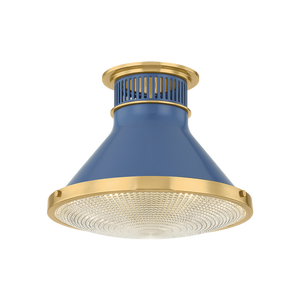 Highclere Flush Mount 12.75" in aged brass shown from a second angle to highlight the shade profile and mounting canopy.
