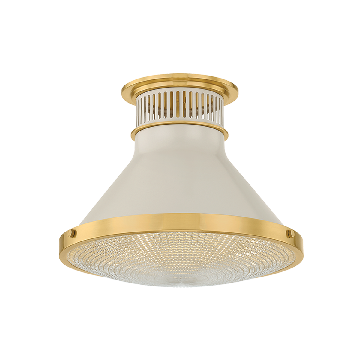 Highclere Flush Mount 12.75" in aged brass shown from the front to reveal the shade profile and mounting canopy.