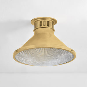Close-up of the Highclere Flush Mount 17.75" in aged brass showing the shade profile and mounting canopy.