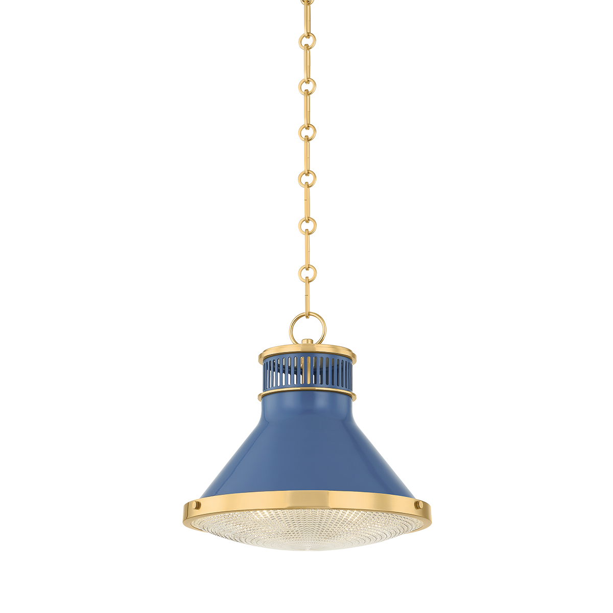 Highclere Pendant 12.75" in aged brass shown from a second angle to highlight the shade shape and metal detail.