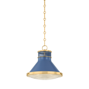 Highclere Pendant 12.75" in aged brass shown from a second angle to highlight the shade shape and metal detail.