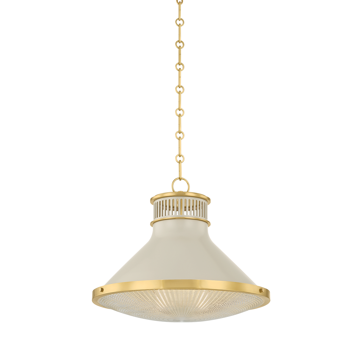 Highclere Pendant 17.75" in aged brass shown from the front to reveal the shade shape and metal detail.