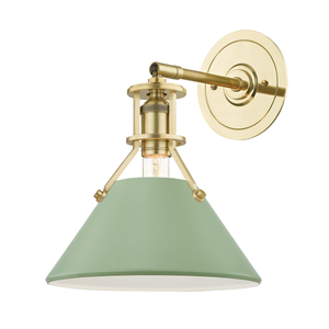 Close-up of the Painted No. 2 Wall Sconce in aged brass showing the arm curve and shade silhouette.