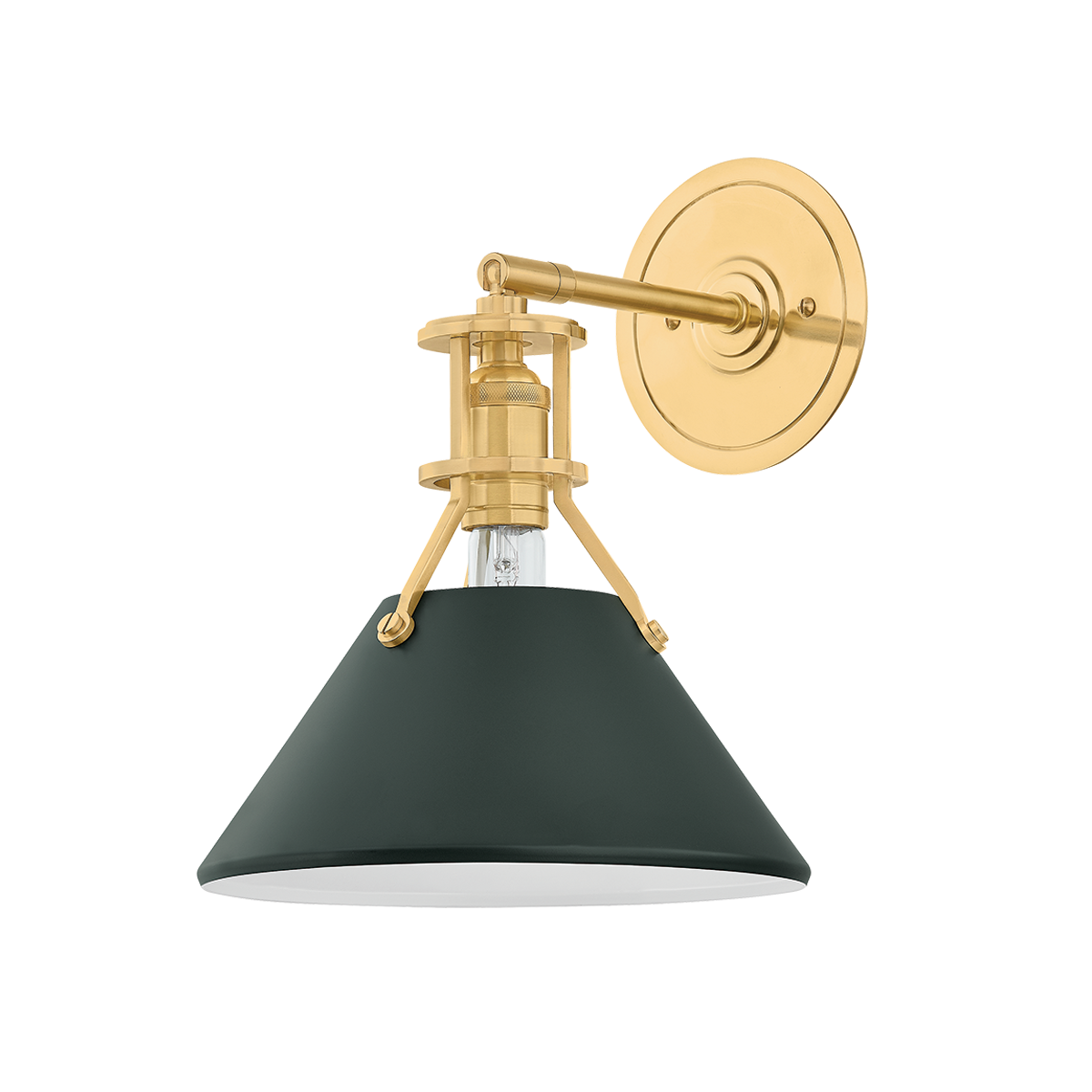 Close-up of the Painted No. 2 Wall Sconce in aged brass showing the arm curve and shade silhouette.