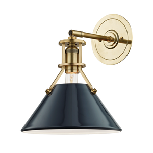 Painted No. 2 Wall Sconce in aged brass shown from the front to reveal the arm curve and shade silhouette.