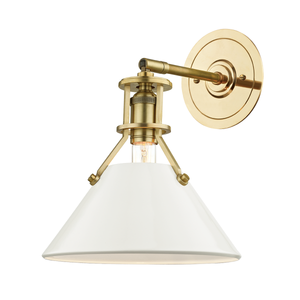 Close-up of the Painted No. 2 Wall Sconce in aged brass showing the arm curve and shade silhouette.