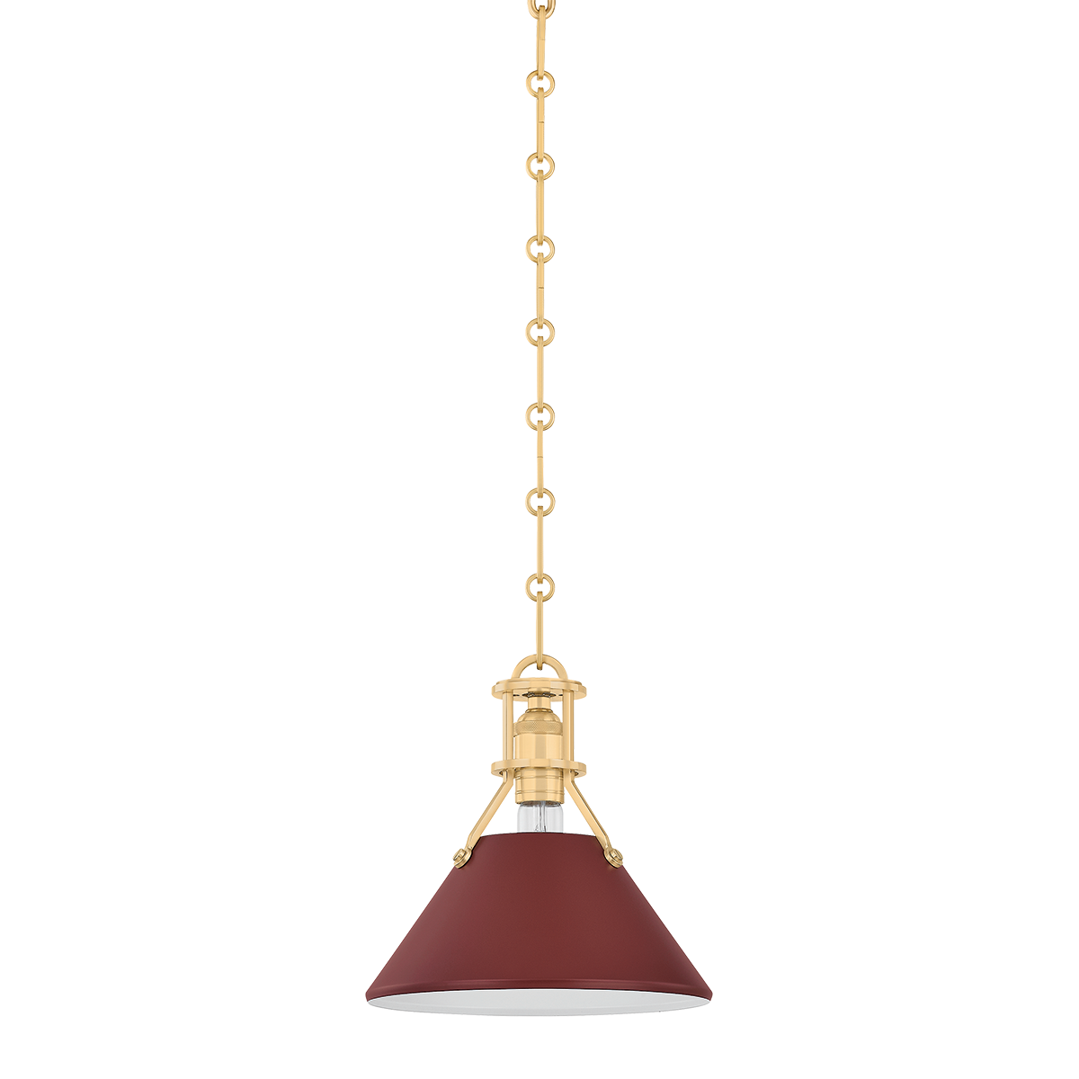 Painted No.2 Pendant in aged brass shown from a second angle to highlight the shade shape and metal detail.