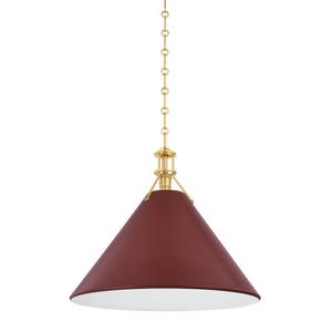 Painted No. 2 Pendant 21" in aged brass shown from a second angle to highlight the shade shape and metal detail.