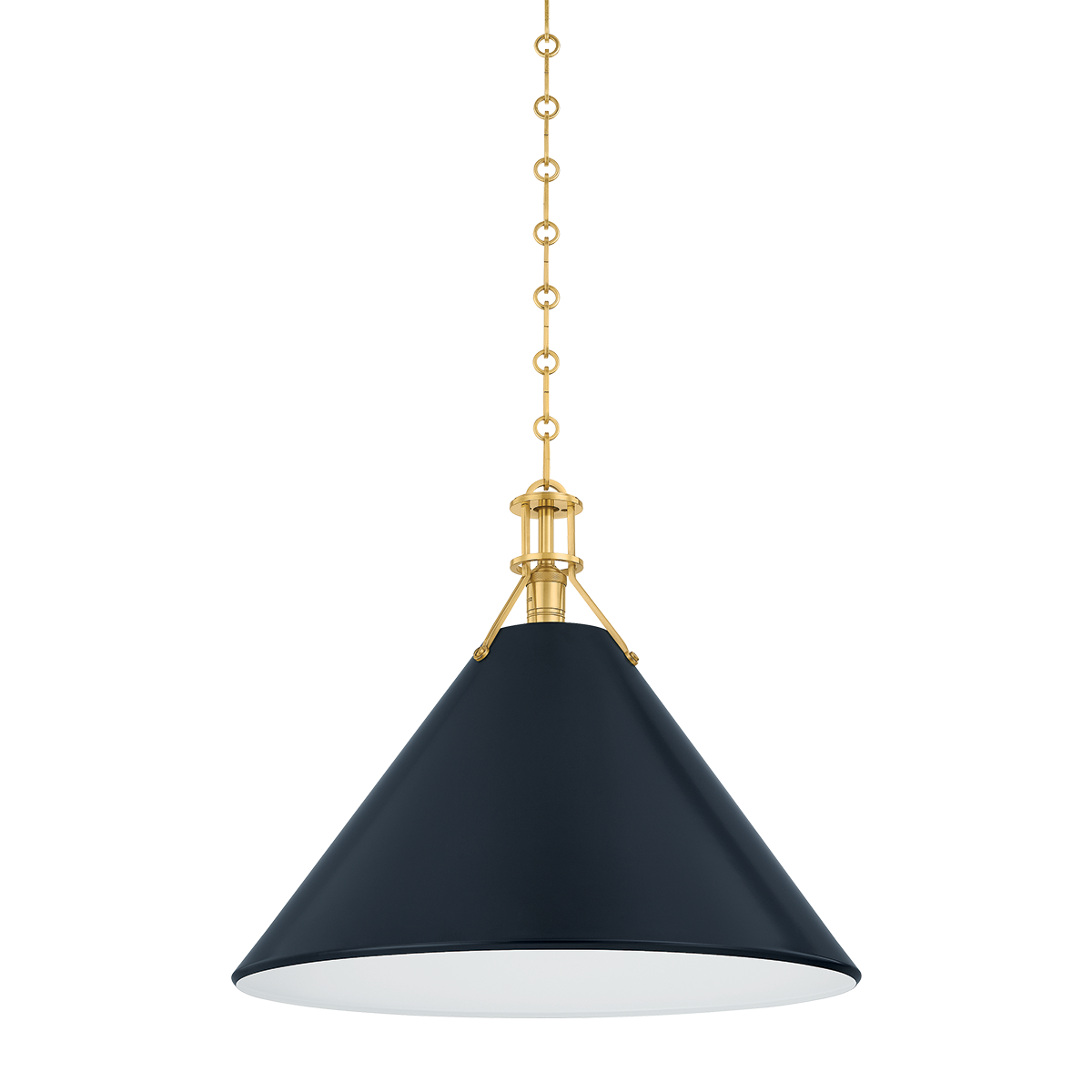 Painted No. 2 Pendant 21" in aged brass shown from the front to reveal the shade shape and metal detail.