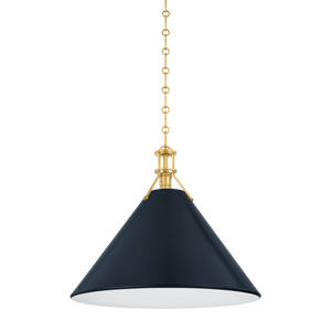Painted No. 2 Pendant 21" in aged brass shown from the front to reveal the shade shape and metal detail.