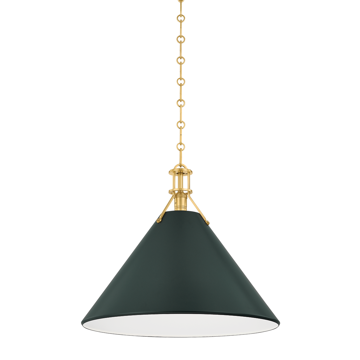 Close-up of the Painted No. 2 Pendant 21" in aged brass showing the shade shape and metal detail.