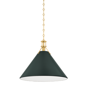 Close-up of the Painted No. 2 Pendant 21" in aged brass showing the shade shape and metal detail.